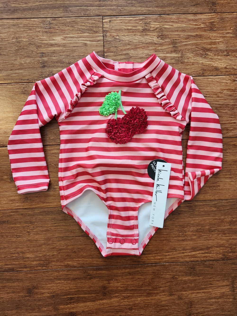 Nicole Miller Pink & Red Striped One-Piece Rashguard Swimsuit Cherry, 12 Months